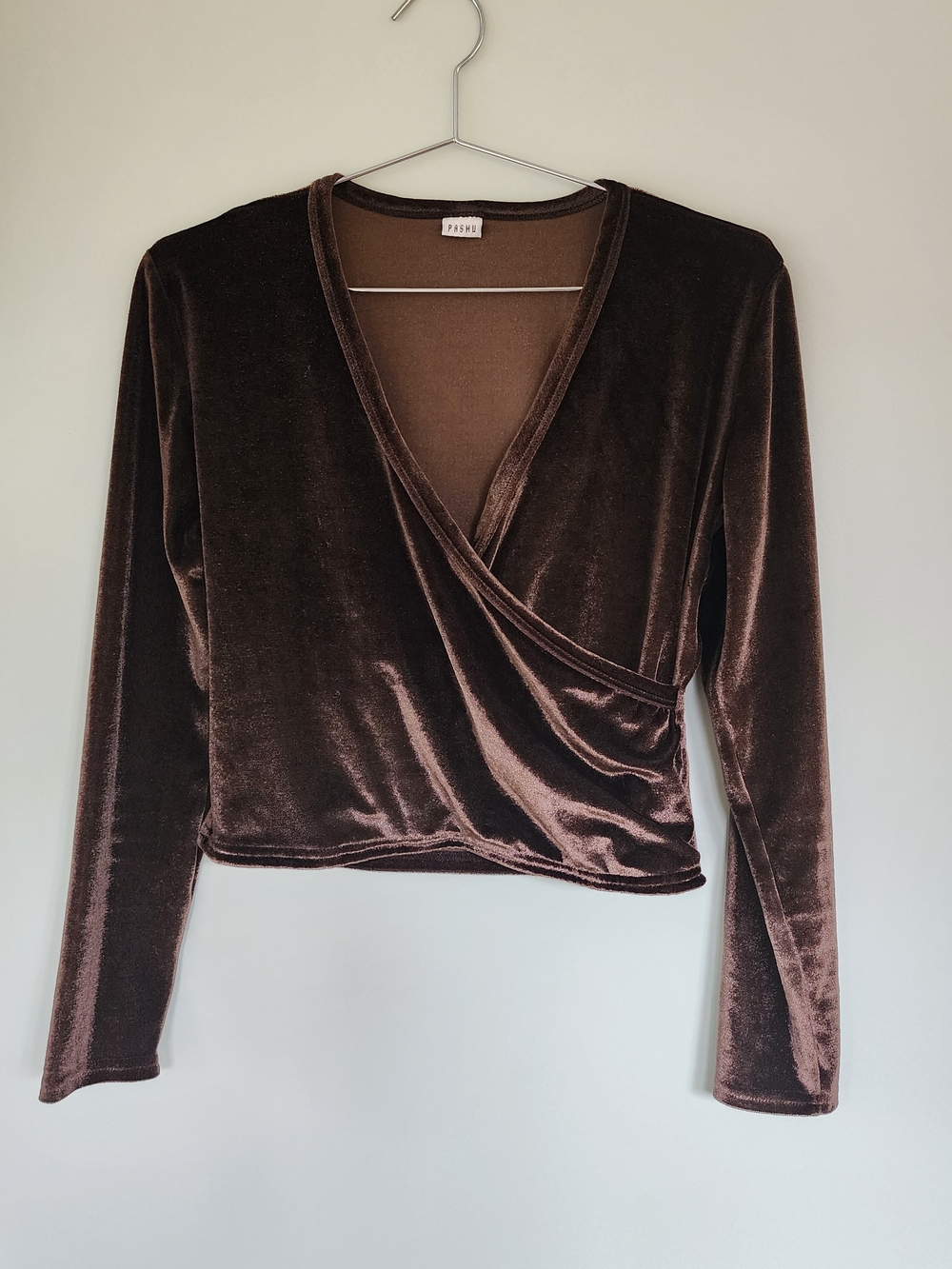 Vintage PASHU Long Sleeve Women Medium Brown Velvet Wrap Top Elegant Casual Luxe